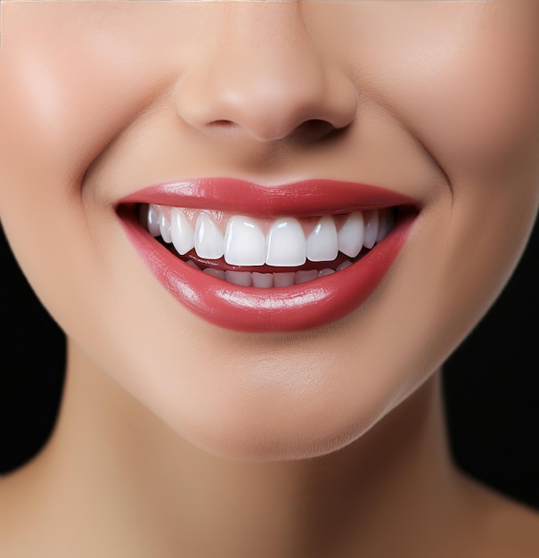 Primer plano de la sonrisa de una mujer Belleza natural de piel delicada labios rosados y dientes blancos como la nieve