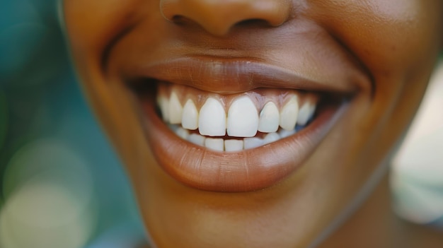 Primer plano de la sonrisa de una persona que muestra dientes y labios blancos