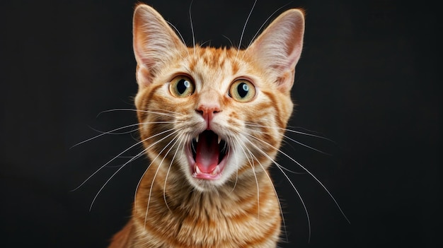 Primer plano sorprendido Ginger Cat con la boca abierta en fondo negro