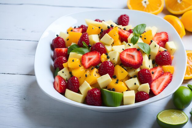 Primer plano de una suculenta ensalada de frutas frescas perfecta para una dieta saludable y equilibrada generada por IA