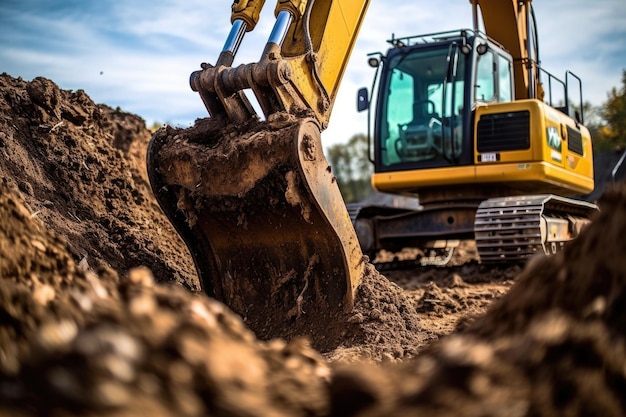 Primer plano del suelo de excavación del cucharón de la excavadora creado con ai generativa