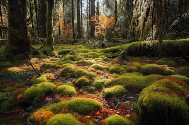 Primer plano de un suelo forestal lleno de musgo colorido rodeado de árboles imponentes