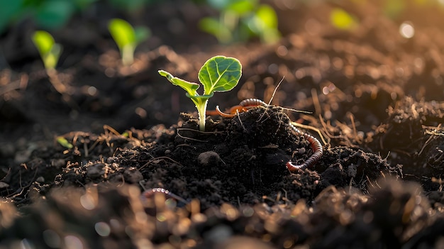 Un primer plano del suelo con materia orgánica, gusanos de tierra y plantas jóvenes