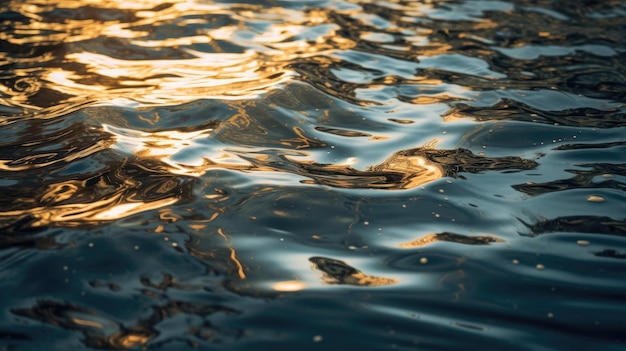 Un primer plano de la superficie del agua de un lago con el sol brillando sobre él.