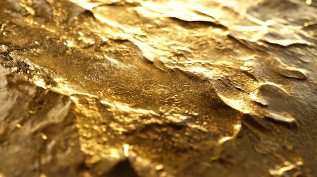 Primer plano de una superficie dorada con textura con la luz reflejada en su superficie desigual