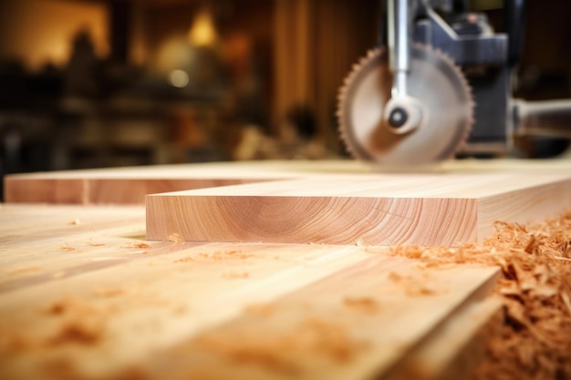 Primer plano de la superficie de un escritorio de madera recién sacado del cortador