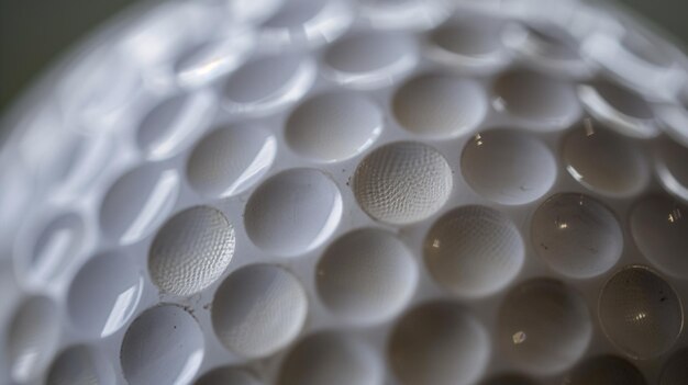 Primer plano de una superficie con hoyuelos de una pelota de golf que destaca sus patrones de textura y sus propiedades reflectantes