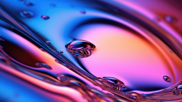 El primer plano de una superficie líquida brillante abstracta en colores azul eléctrico rosa caliente y verde neón con un enfoque suave Ilustración 3D exuberante