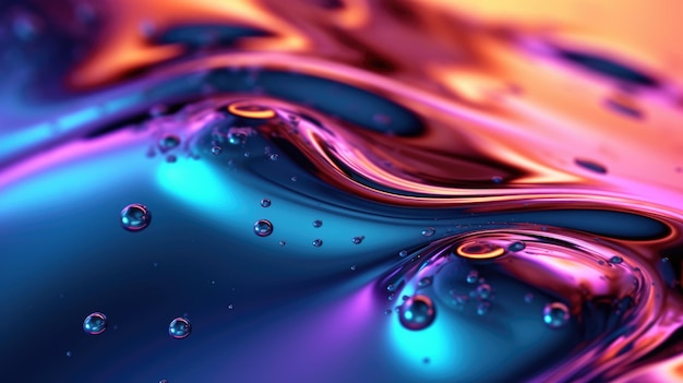 El primer plano de una superficie líquida brillante abstracta en colores azul eléctrico rosa caliente y verde neón con un enfoque suave Ilustración 3D exuberante