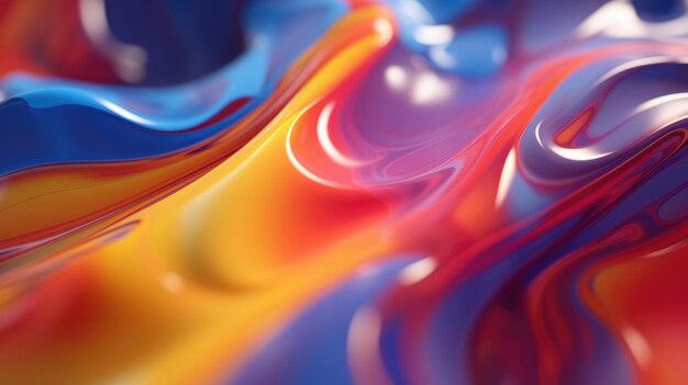El primer plano de una superficie líquida brillante abstracta en colores rojo amarillo y azul con un enfoque suave Exuberante ilustración 3D