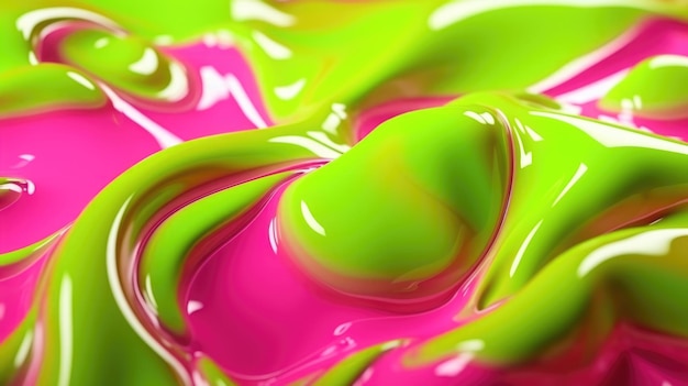 El primer plano de una superficie líquida brillante en colores verde lima brillante y rosa intenso con una ilustración 3D de enfoque suave de exuberante