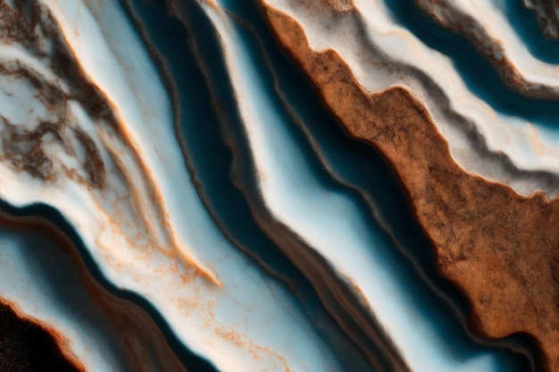 Un primer plano de una superficie de mármol azul y marrón con una fina capa de roca en el centro.