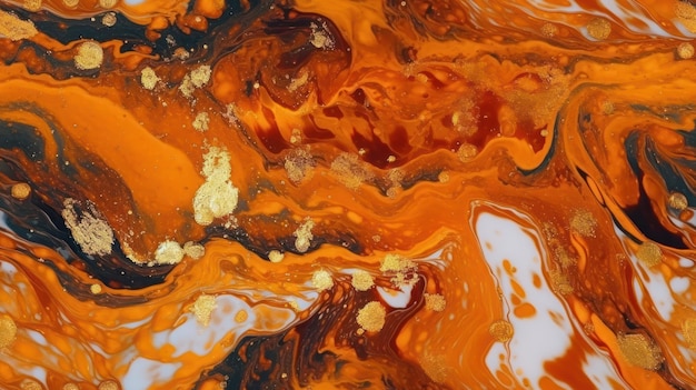 Un primer plano de una superficie de mármol con pintura naranja y negra.