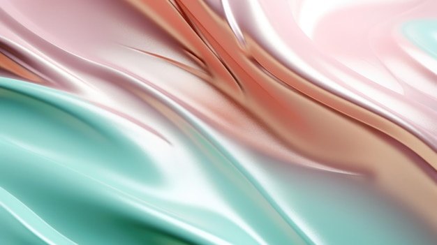 El primer plano de una superficie de metal brillante en colores rosa rubor azul polvo y verde menta en estilo pastel con un enfoque suave Exuberante ilustración 3D