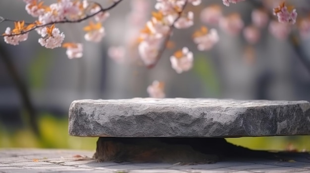 primer plano de la superficie de piedra contra el fondo de árboles en flor en un día soleado de primavera