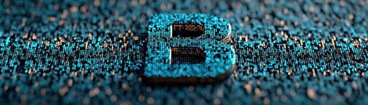 Primer plano de superficie texturizada con la prominente letra B hecha de elementos digitales que simbolizan la tecnología y la innovación tonos azules vibrantes crean una sensación moderna y dinámica