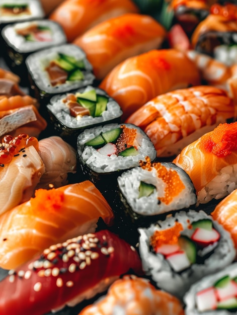 Primer plano de sushi variado con ingredientes frescos colores vibrantes y texturas detalladas