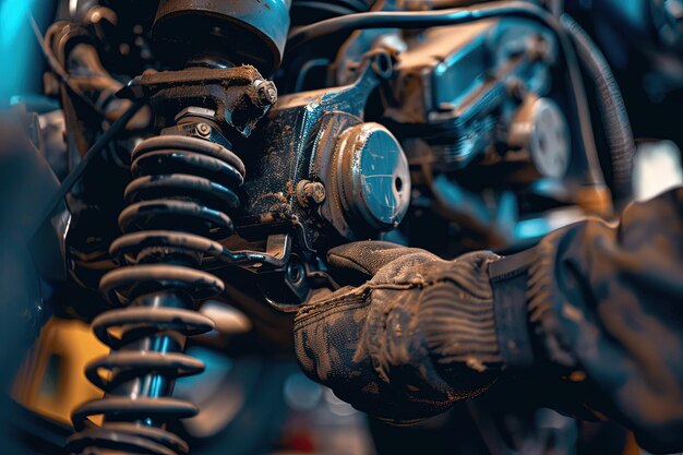 Foto un primer plano de la suspensión delantera de una motocicleta