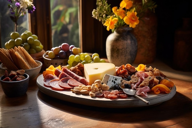Foto primer plano de un tablero decorativo de queso y charcutería con selecciones artesanales