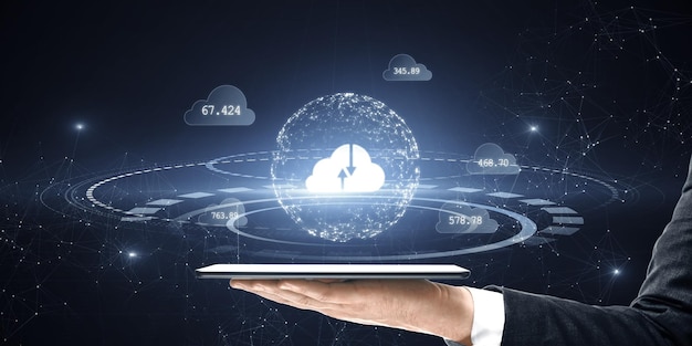 Primer plano de una tableta de mano masculina con una nube digital poligonal creativa sobre un fondo borroso Concepto de red de estructura alámbrica de computación en la nube Doble exposición