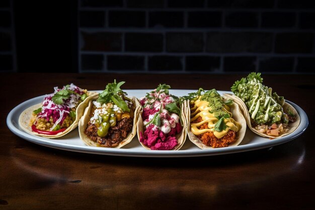 Un primer plano de tacos de colores dispuestos en un plato