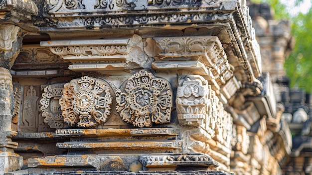 Un primer plano de las tallas de piedra desgastadas en un antiguo templo generado por la IA.