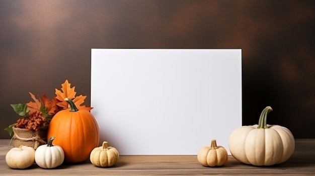 Un primer plano de una tarjeta blanca rodeada de calabazas y otras decoraciones de otoño