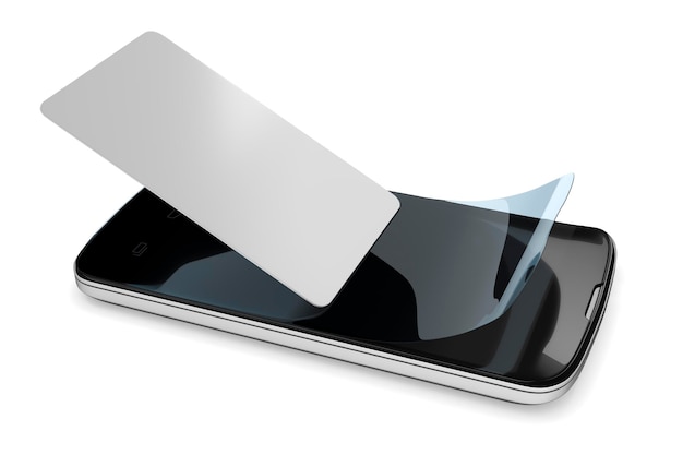 Primer plano de la tarjeta en un teléfono móvil con protector de pantalla contra un fondo blanco