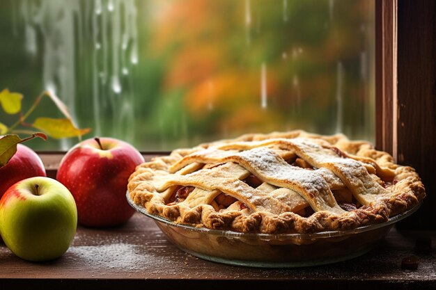 Foto un primer plano de una tarta de manzana enfriándose en un alféizar con una vista del huerto