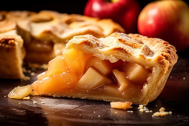 Un primer plano de la tarta de manzana con una rebanada eliminada que revela el relleno