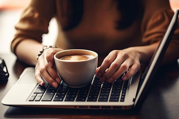 Primer plano de una taza de café caliente en la oficina con una computadora portátil AI generativa