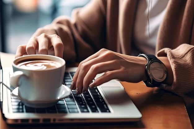 Primer plano de una taza de café caliente en la oficina con una computadora portátil AI generativa