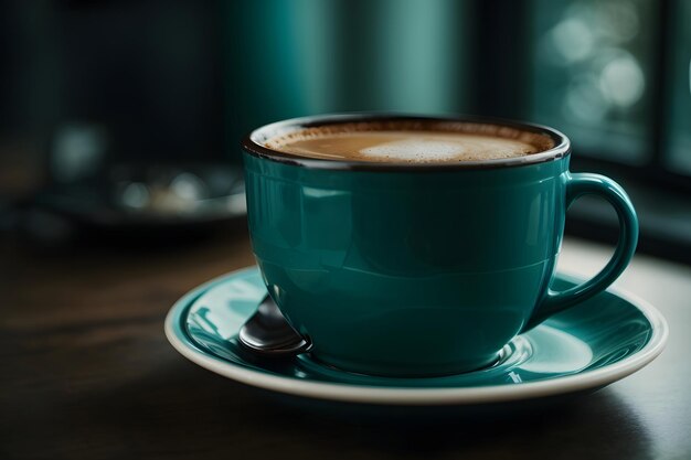 Un primer plano de una taza de café cerámica de color azul oscuro llena de café negro colocada en un platillo a juego