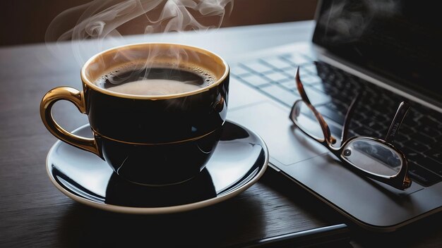 Un primer plano de una taza de café con una computadora portátil y gafas