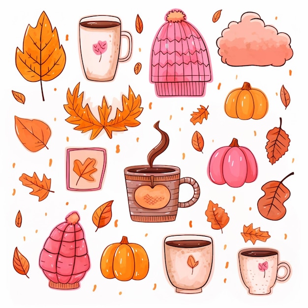 un primer plano de una taza de café con hojas de otoño y otros artículos generativos ai