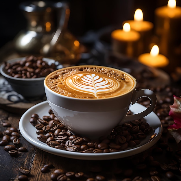 Un primer plano de una taza de café humeante con un diseño de arte latte en forma de corazón en la parte superior