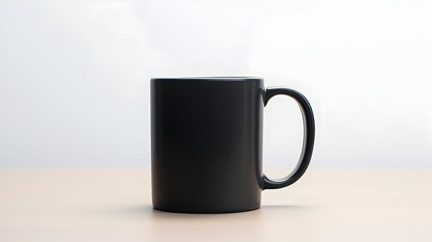 Un primer plano de una taza de café negra en una pestaña blanca