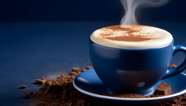 Un primer plano de una taza de café o capuchino humeante con leche espumosa y polvo de cacao esparcido por encima