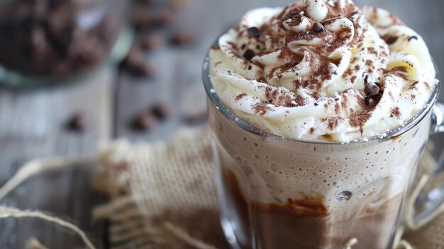 Un primer plano de una taza de chocolate caliente humeante