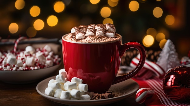 un primer plano de una taza de chocolate caliente con malvaviscos y un bastón de caramelo