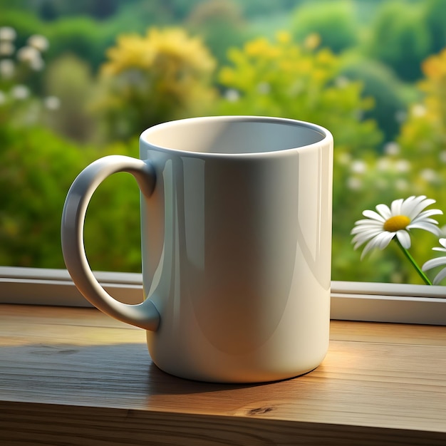 Un primer plano de una taza de color blanco de 11 oz en un alpendre de la ventana con fondo de jardín de margaritas