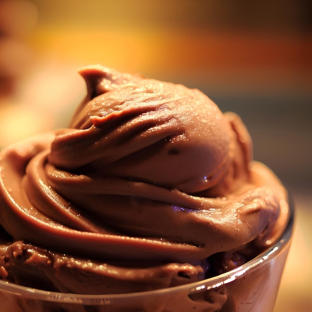 Foto un primer plano de una taza de helado de chocolate con un fondo borroso.