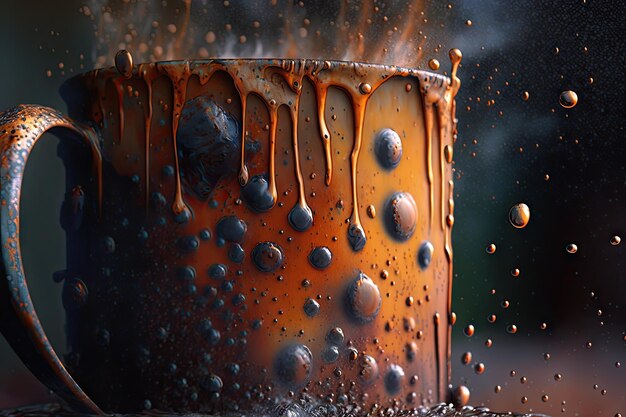 Primer plano de una taza de hierro oxidado con goteos y gotas de agua