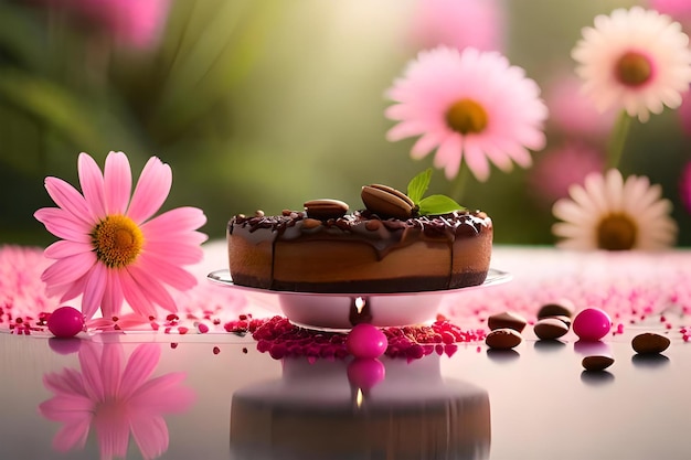 Primer plano de una taza de plato de pastel de chocolate y caramelo en la mesa con peonías rosas