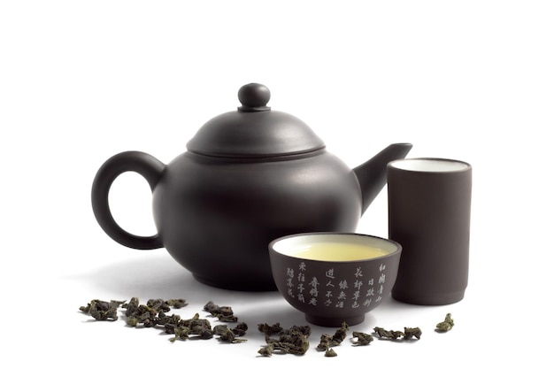 Primer plano de una taza de té contra un fondo blanco