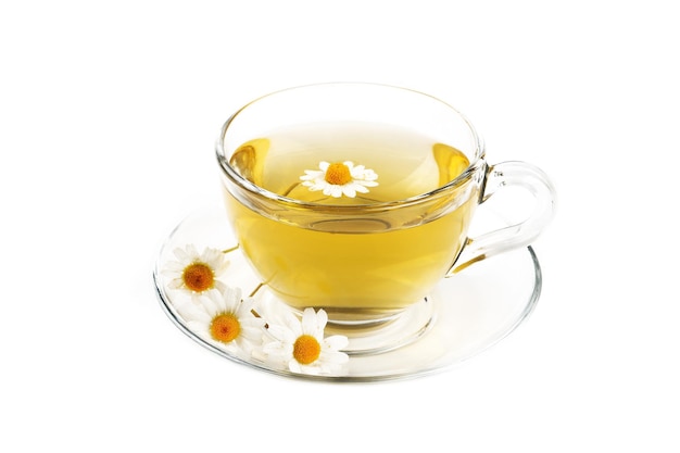 Primer plano de una taza de té contra un fondo blanco