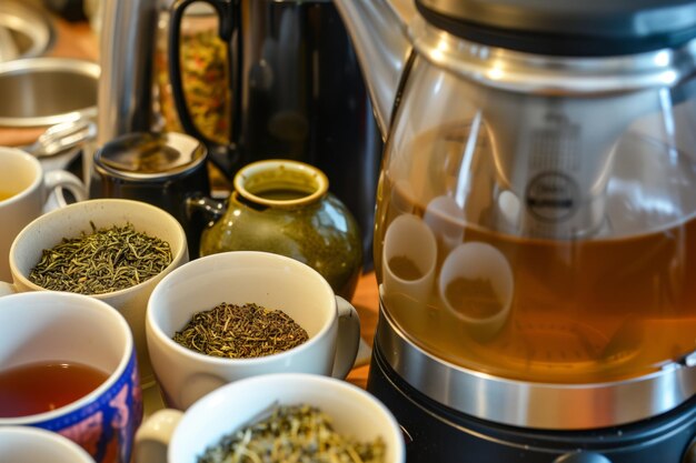 Foto primer plano de una taza de té eléctrica y una selección de tés de hierbas