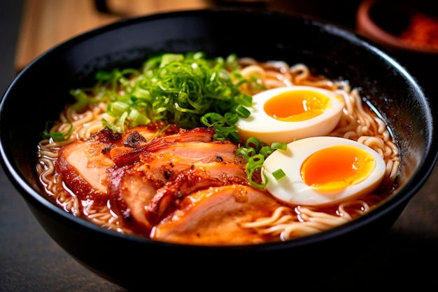 Primer plano de un tazón de ramen japonés tradicional generado por IA