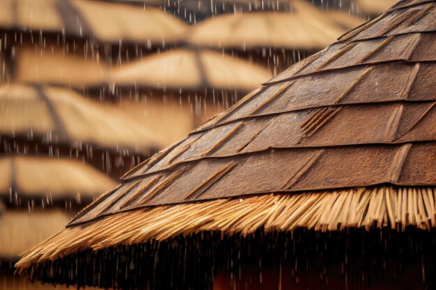 Primer plano de un techo de paja con gotas de agua cayendo y creando patrones