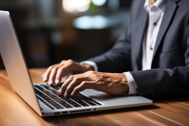 Primer plano de un teclado escribiendo en una computadora portátil trabajando en línea en una mesa blanca en el chat de Facebook de la oficina